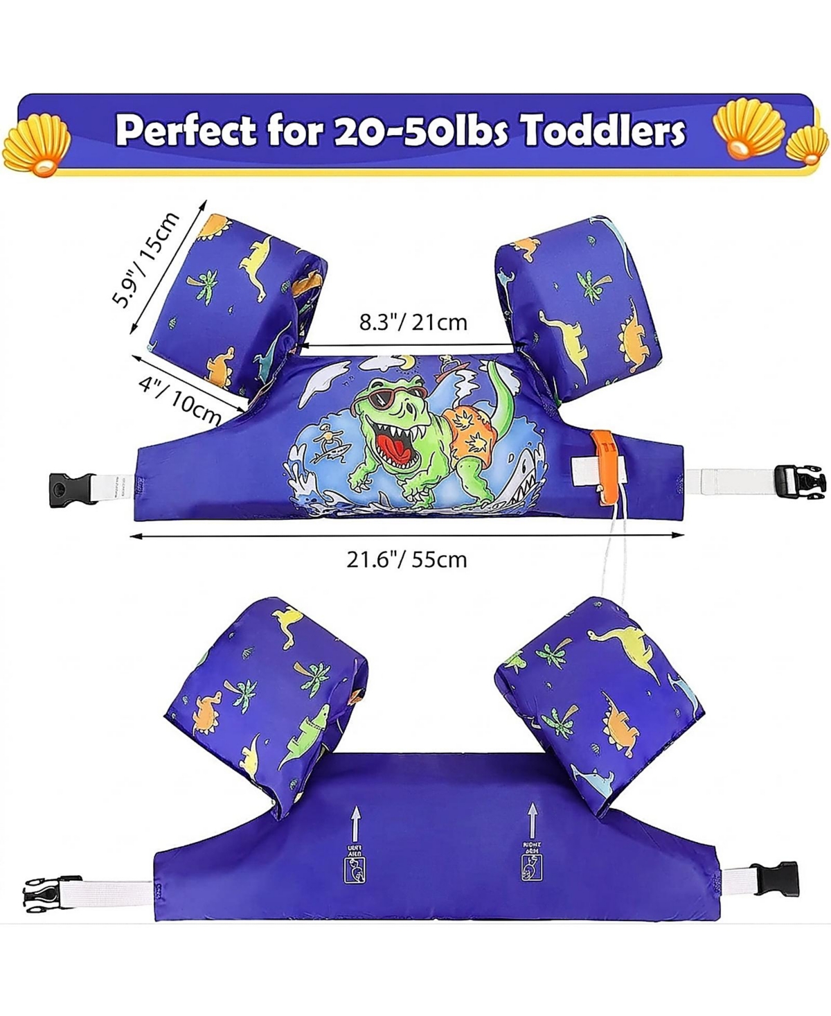 Sevorley Toddler Swim Arm Bands and Vest for Kids 20-50 lbs, Cute Dinosaur