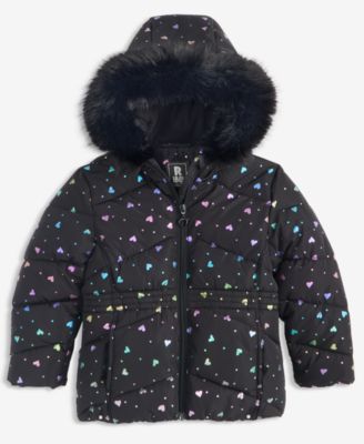 Girls' 2T-6X Foil Quilted Puffer Jacket With Faux-Fur-Trim Hood