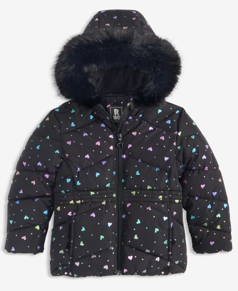 Куртка S Rothschild & CO Foil Quilted Puffer Jacket With Faux-Fur-Trim Hood для девочек, цвет: Чёрный
