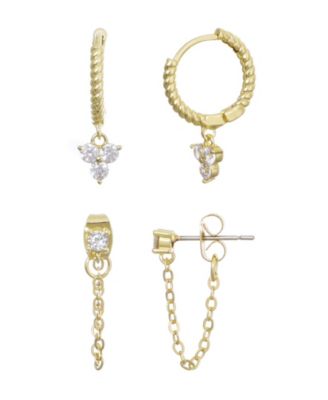 Gold Cubic Zirconia Huggie Hoop and Chain Wrap Earrings 2-Piece Set