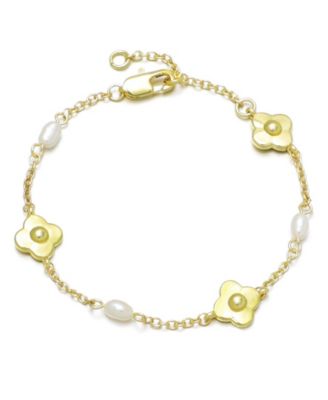 Gold Natural Freshwater Pearl and Flower Bracelet