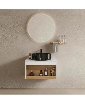 Wall Mounted Bathroom Vanity with Marble Vessel Sink, Floating Plywood Cabinet, Open Storage for Small Spaces