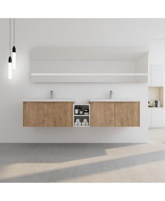 Wall Mounted Double Bathroom Vanity with Resin Sinks, Plywood Cabinets and Open Storage for Modern Bathrooms