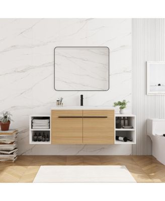 Wall Mounted Bathroom Vanity with Resin Sink and Open Storage Shelves for Small Modern Bathroom