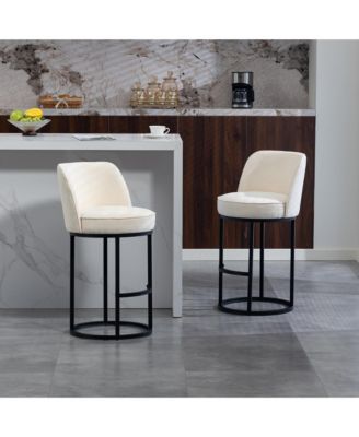 Modern Barrel Bar Stools Set of 2 Linen Fabric Upholstered Counter Height Chairs with Back and Footrest for Kitchen Island