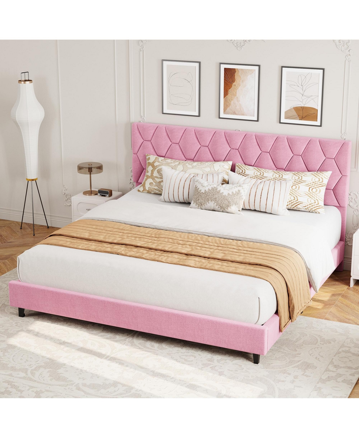 homfan Bed Frame with Upholstered Headboard, Heavy-Duty Platform Bed Frame with Strong Wood Slats, No Box Spring Needed, Noise Free, Easy Assembly
