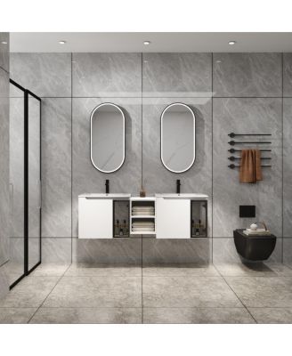 Double Sink Wall Mounted Bathroom Vanity with Ceramic Basin, Modern Floating Plywood Cabinet, Glass Door Storage for Large Spaces