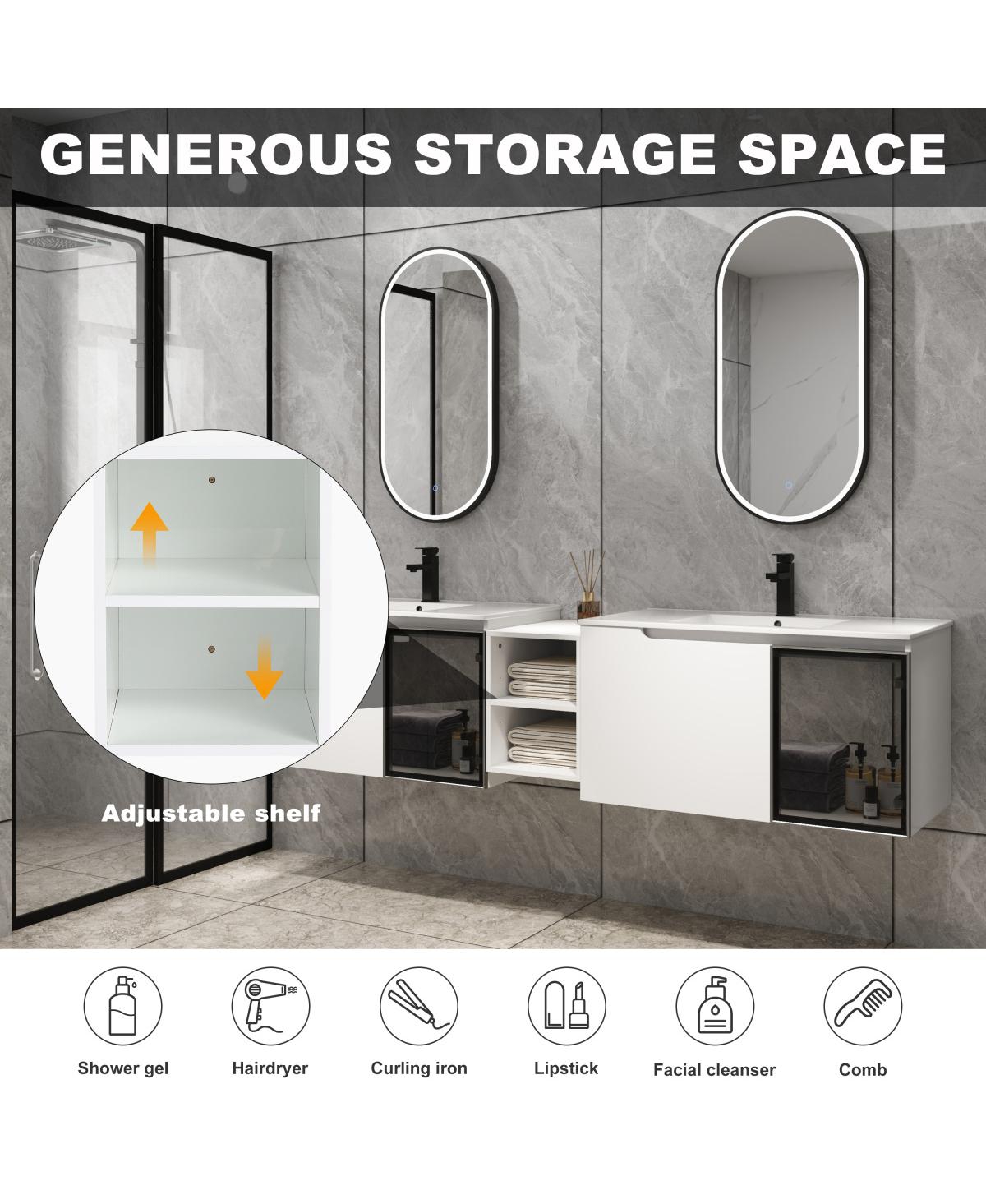 Sillysis Double Sink Wall Mounted Bathroom Vanity with Ceramic Basin, Modern Floating Plywood Cabinet