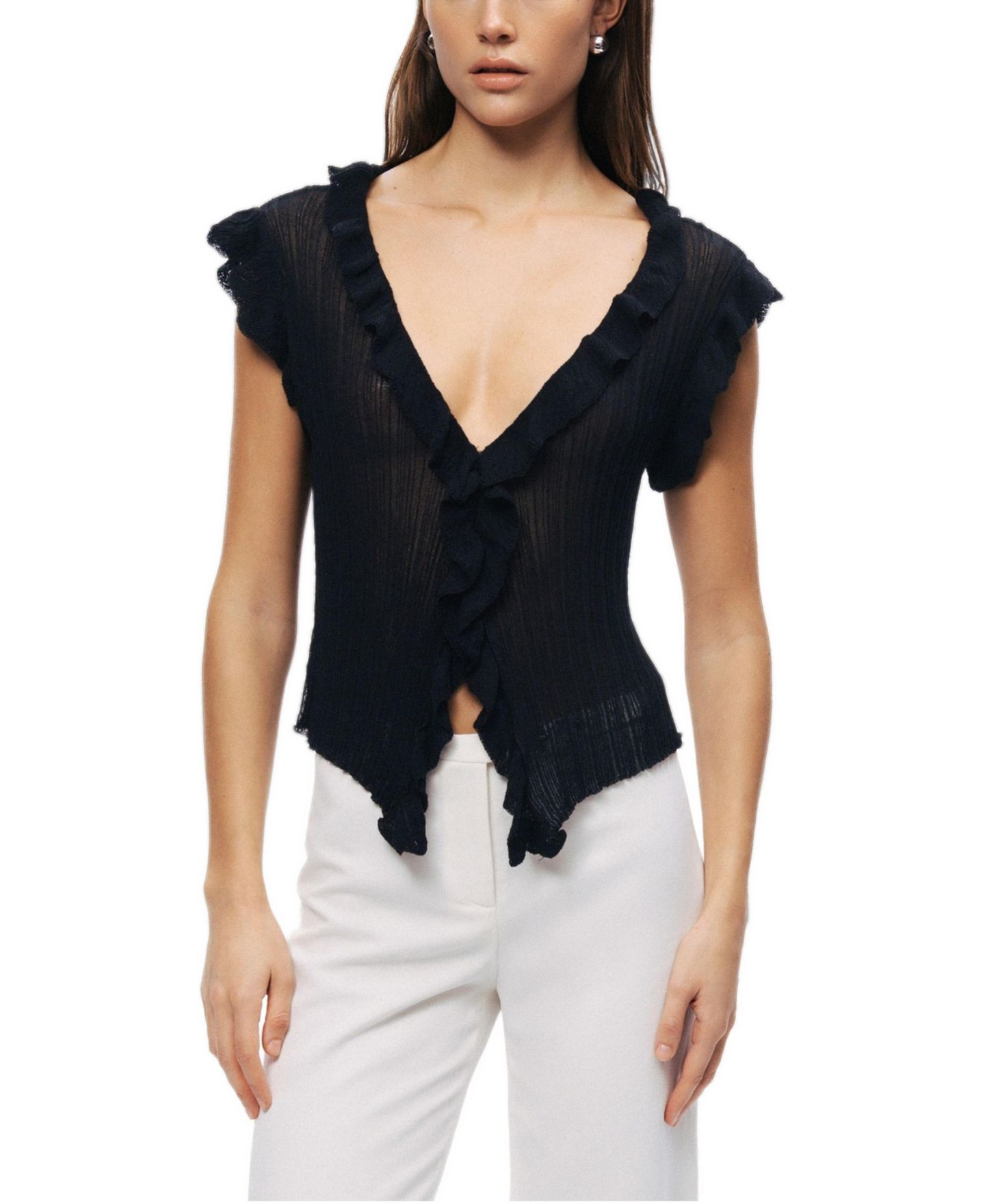Женская блузка NOCTURNE Ruffled V-Neck Sheer, цвет: Чёрный — фото 1