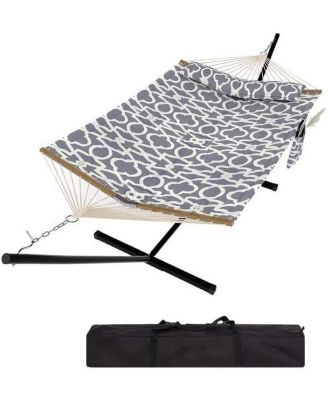 Double Hammock with Stand for 2 Persons – 475 Lbs Capacity, Breathable Cotton Rope Portable Hammock with Reversible Quilted Pad and Pillow