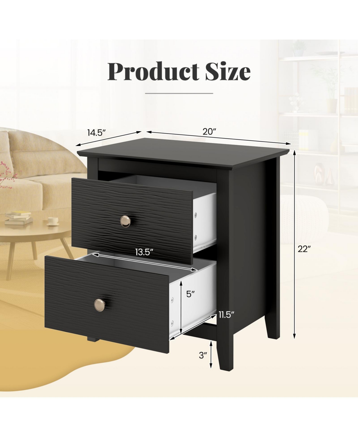 Slickblue Modern Nightstand with 2 Drawers for Small Spaces