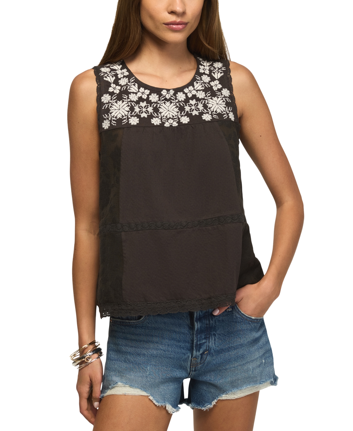 Lucky Brand Women's Crewneck Embroidered Yoke Tank Top