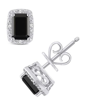 Onyx & Diamond Accent Rectangle Stud Earrings in Sterling Silver (Also in Turquoise & Labradorite)