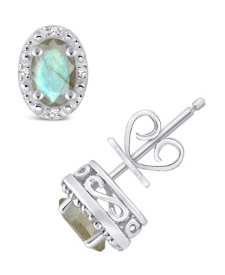 Onyx & Diamond Accent Oval Stud Earrings in Sterling Silver (Also in Labradorite & Turquoise)