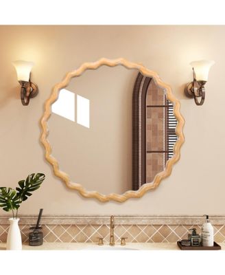 27.5" Round Wavy Wall Mirror for Bathroom Vanity, Wooden Farmhouse Circle Mirrors for Bedroom, Entryway, Living Room, Kitchen