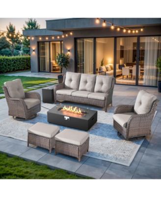 7 Pieces Outdoor Patio Furniture Sets with Fire Pit Kit,All Weather Wicker Sectional Sofa with Patio Swivel Chairs and Thick Cushion