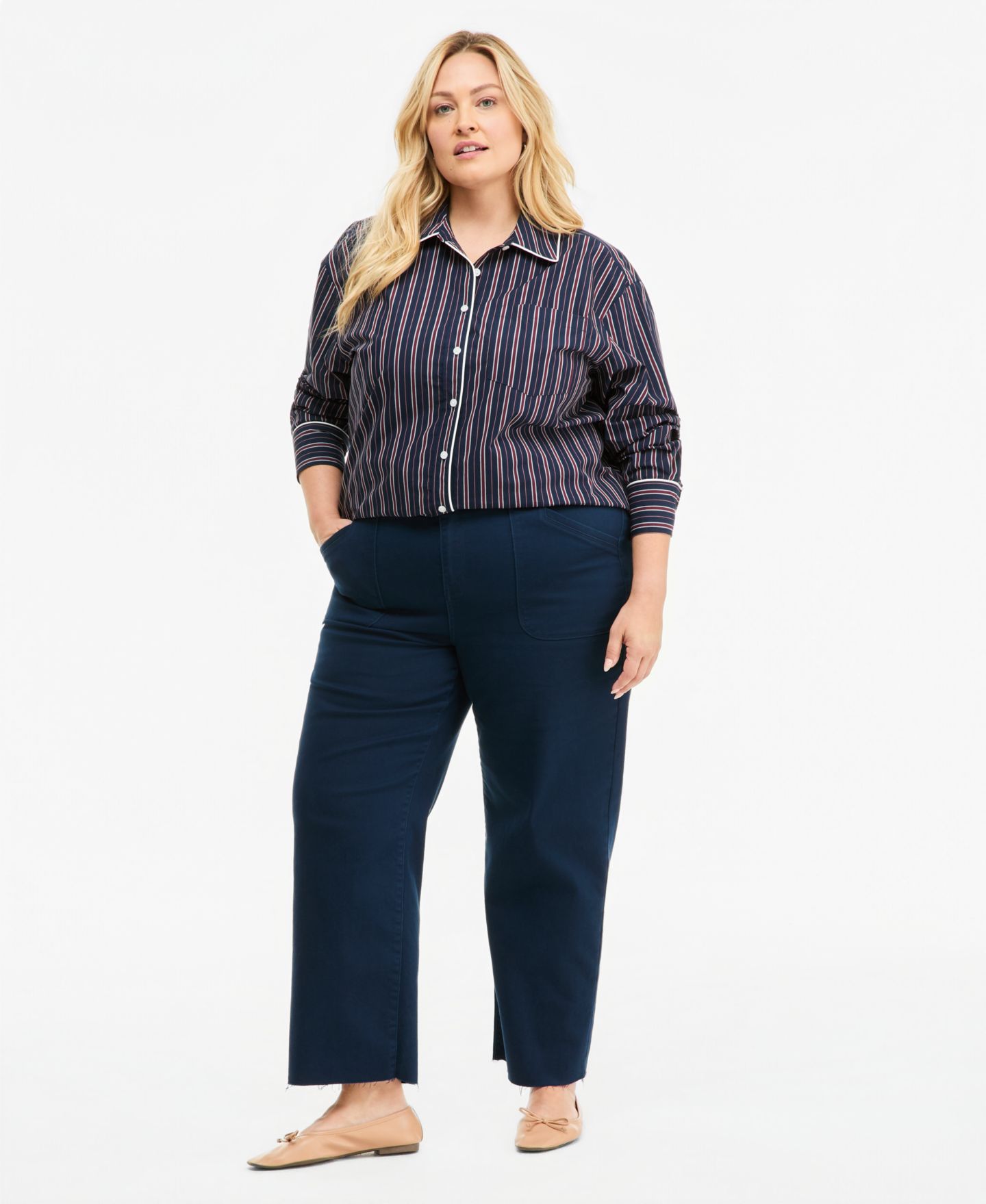 Женская рубашка On 34th Plus Size Striped Poplin Long-Sleeve Button Down Shirt, цвет: Тёмно-синий комбинированный — фото 3