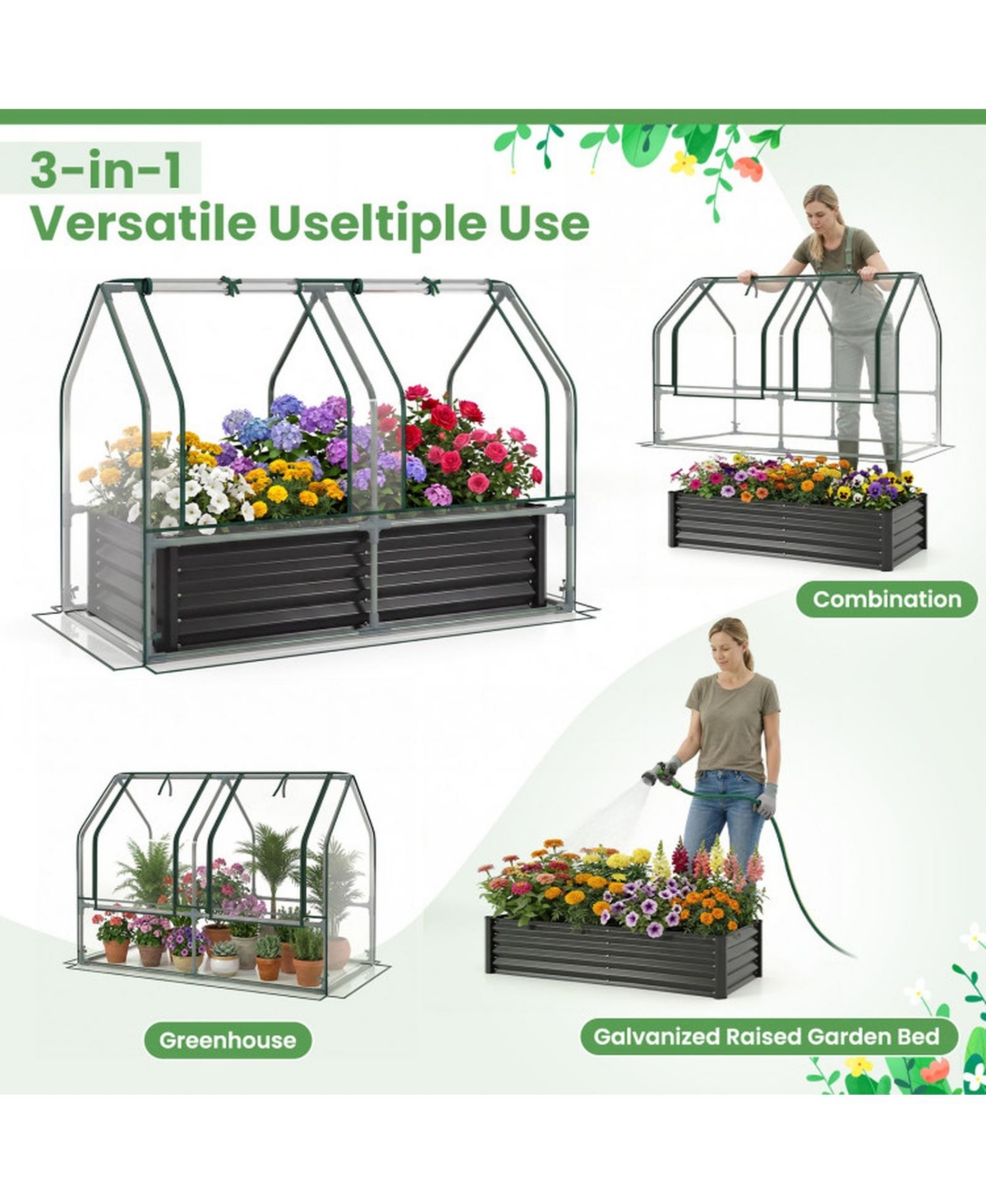 Gouun 4 x 2 x 3 ft Small Galvanized Raised Garden Bed with Greenhouse Cover