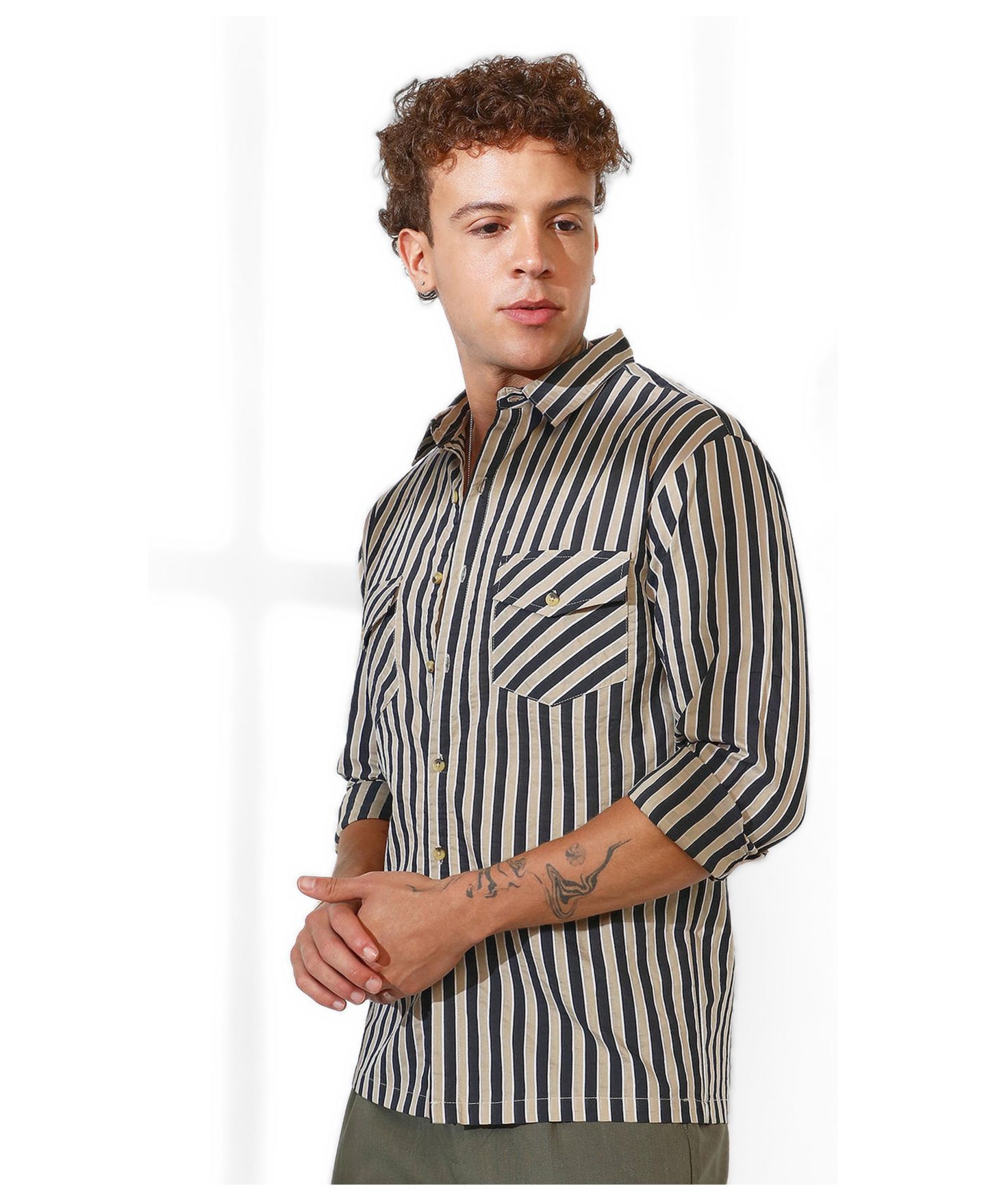 Мужская рубашка Cahoot Campus Sutra Navy Blue & Khaki Beige Candy Striped Oversized, цвет: Синий — фото 3