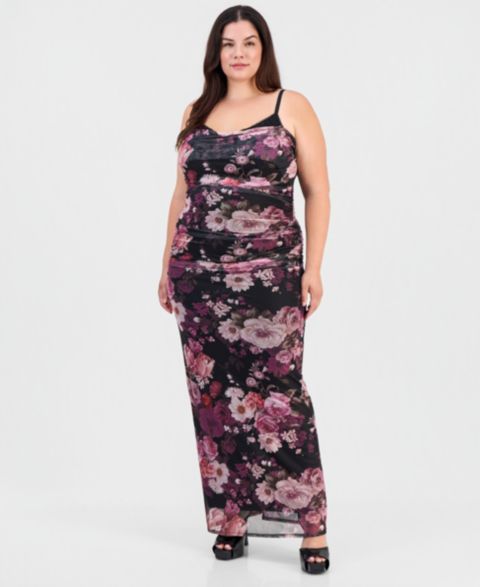 Женское платье Emerald Sundae Plus Size Floral Ruched Maxi, цвет: Чёрный / Фиолетовый