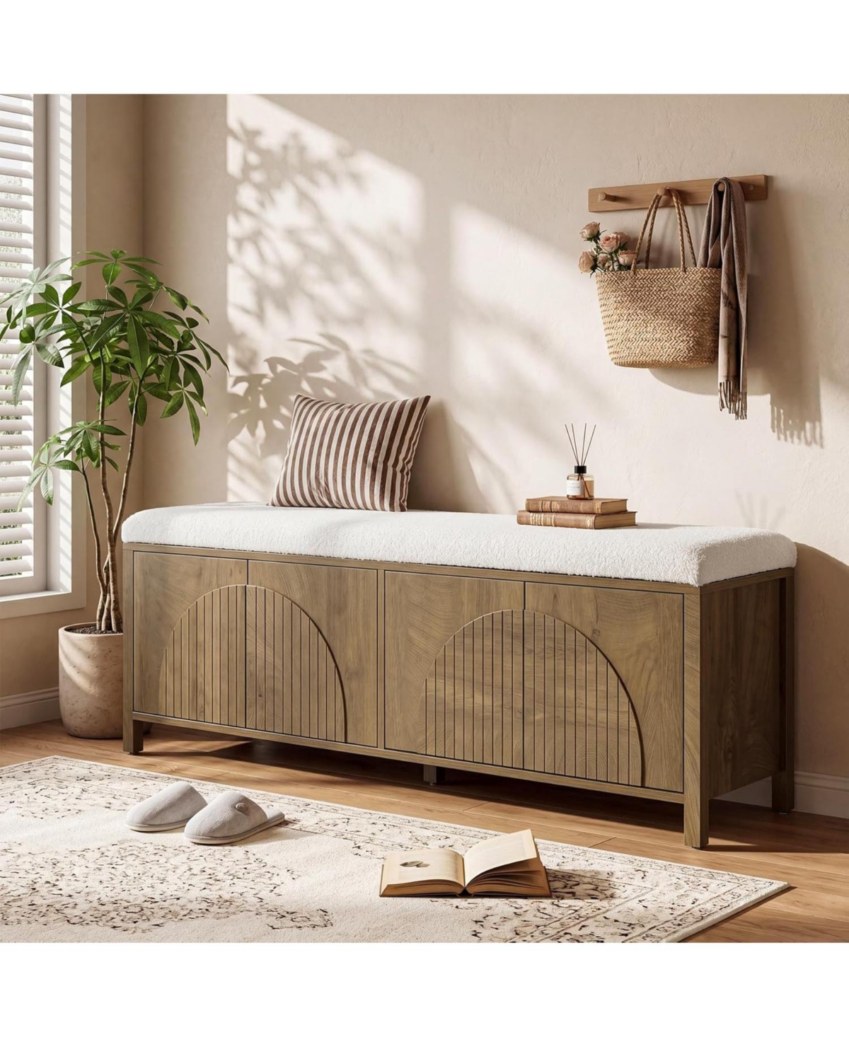 Tribesigns 55" Shoe Storage Bench with Thickened Padded Seat Cushion, 2-Tier Wooden Farmhouse Indoor Entryway Bench with Pop-Up Doors