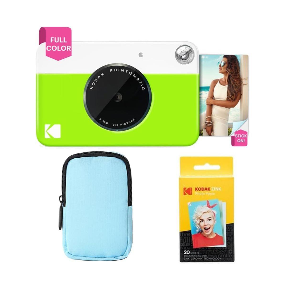 Kodak - Printomatic Full-Color Instant Print Camera Starter Bundle + Soft Case + Zink 20 Pack - Green