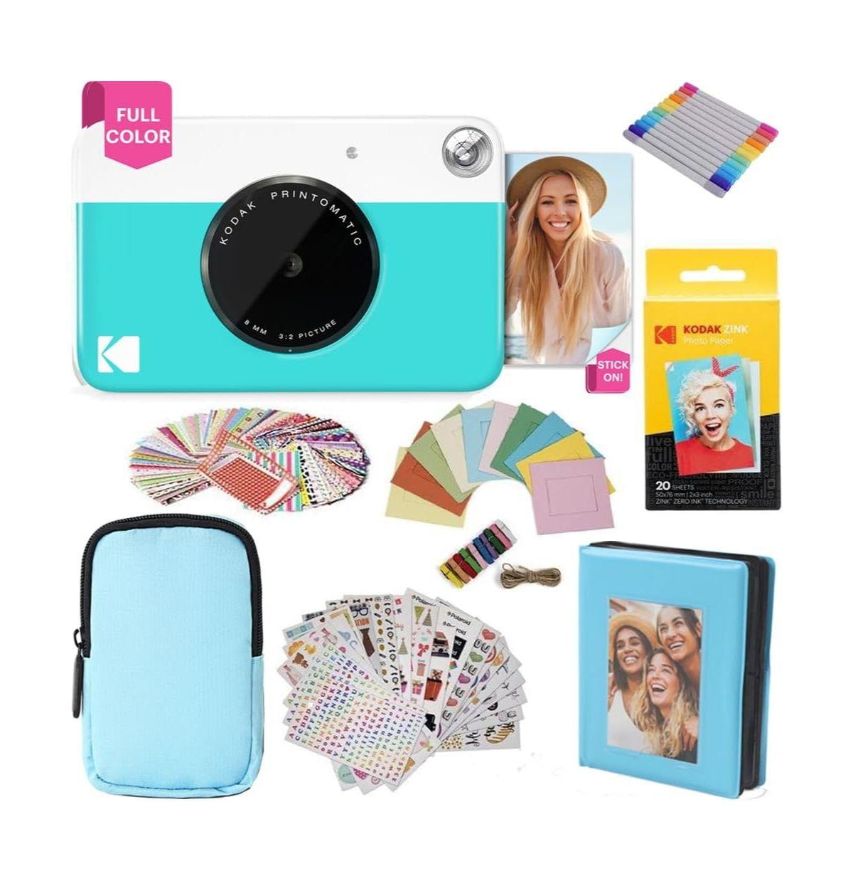 Kodak Printomatic Instant Camera Gift Bundle with Case, 20 Zink Sheets, Album and More - Blue