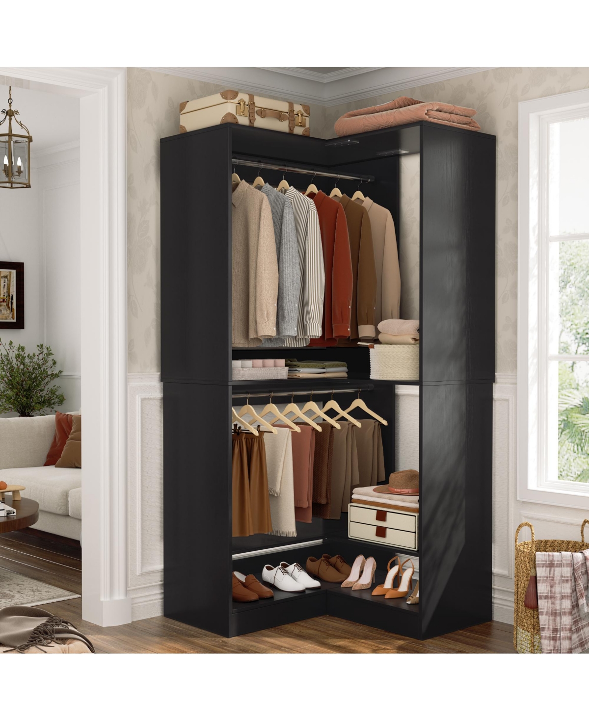 Corner Closet System with Upper & Lower Hanging Areas, Corner Wardrobe Organizer with Shoe Shelf - Black