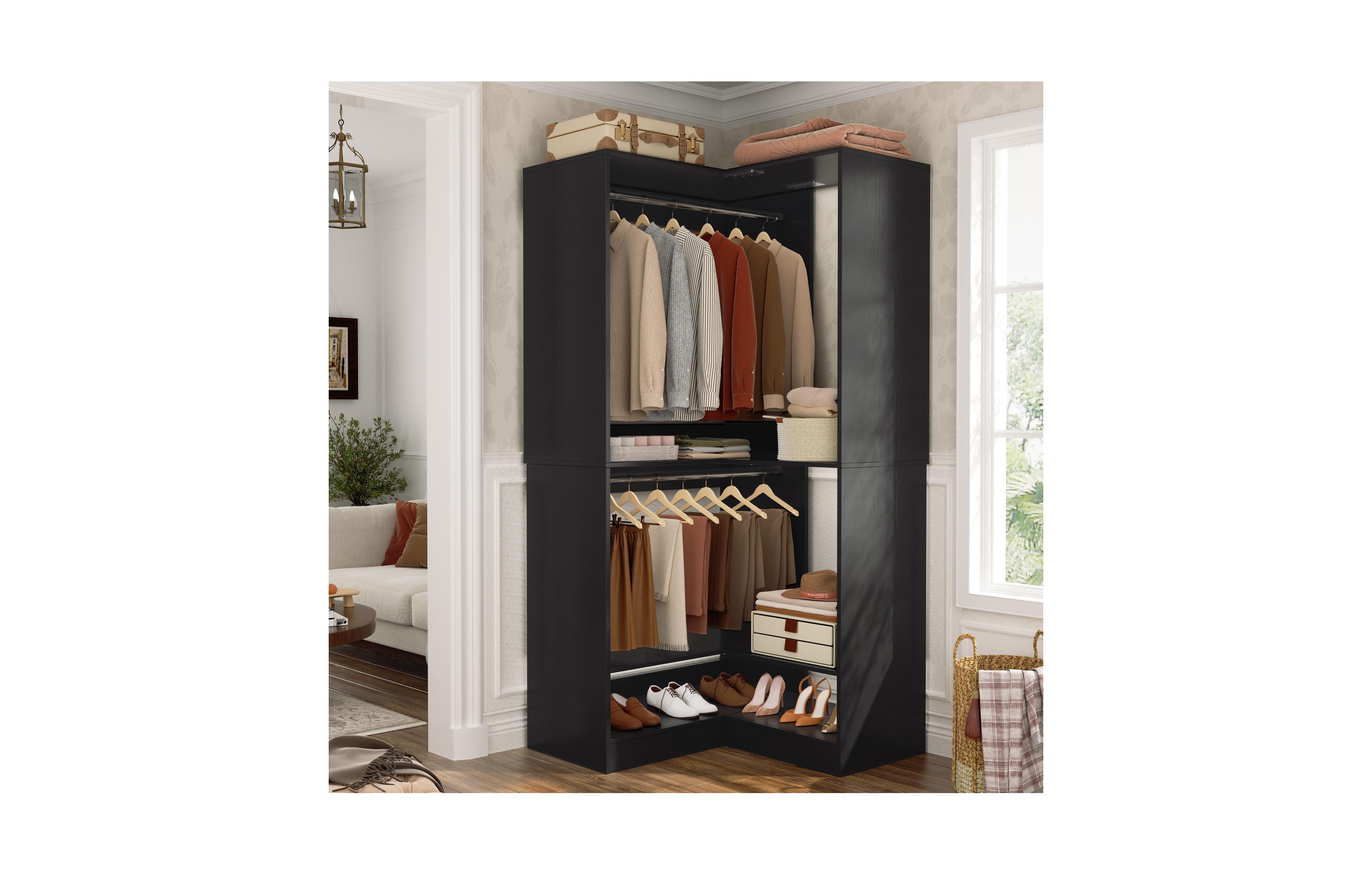 Corner Closet System with Upper & Lower Hanging Areas, Wardrobe Organizer Shoe Shelf