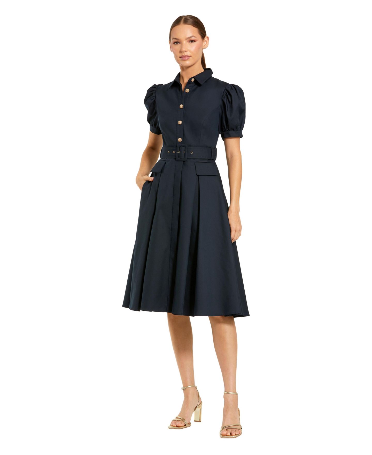 Женское платье Mac Duggal Puff Sleeve Shirt Dress with Belted Waist, цвет: Тёмно-синий — фото 1