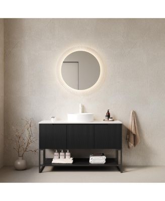 48 Inch Modern Bathroom Vanity with Ceramic Vessel Sink, Sintered Stone Countertop, Soft Close Doors, Open Shelf
