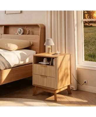 18" Modern Fluted Nightstand with Charging Station, Curved Profile Side Table with 2 Drawers, Multi-Functional End Table for Bedroom