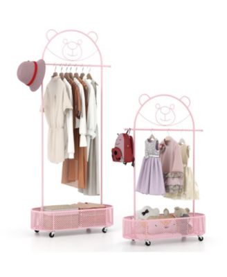 Kids Clothes Rack with 3 Adjustable Heights and Rolling Wheels Storage