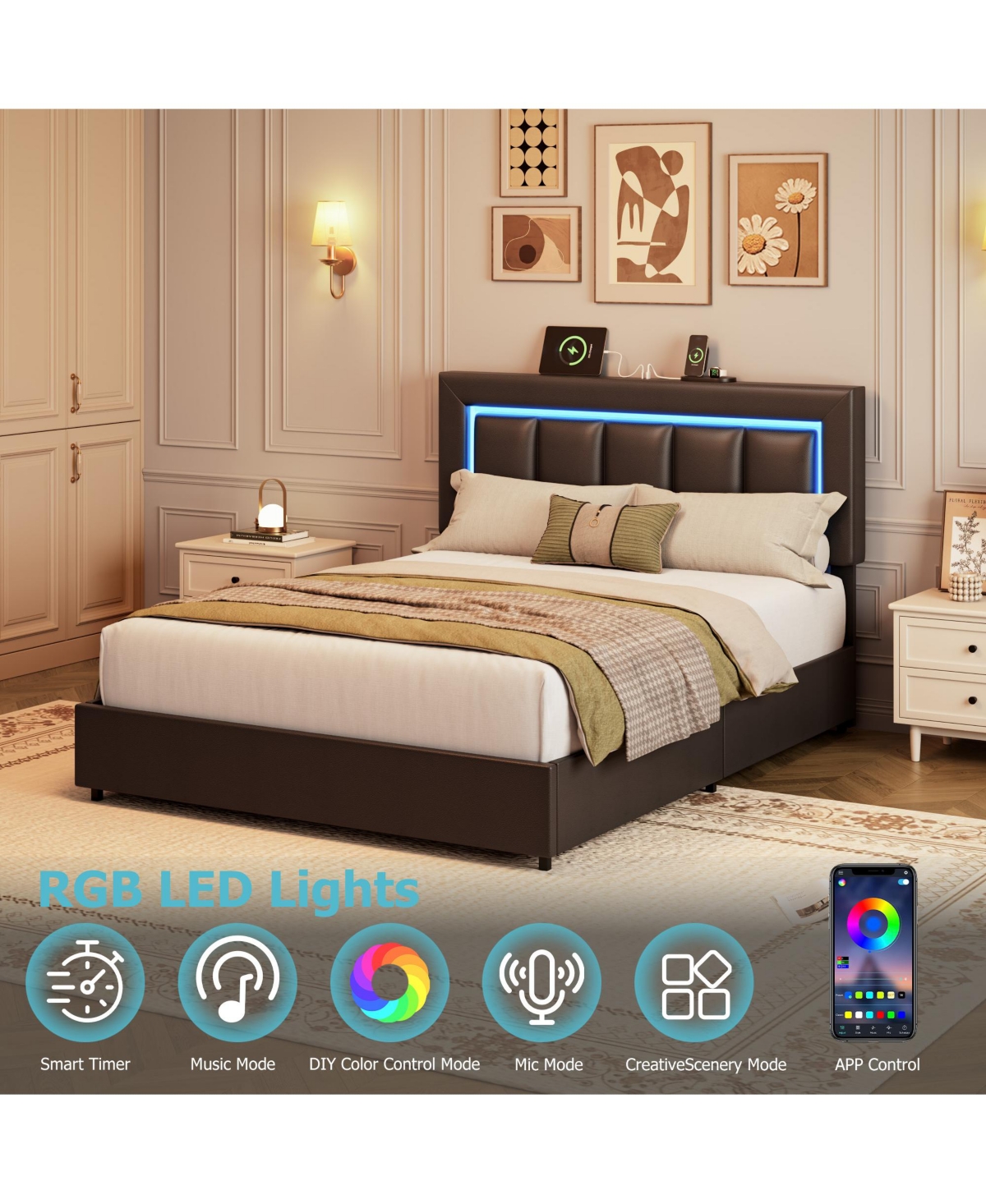 Homfan Led Bed Frame with 4 Drawers, Pu Leather Platform Charging Station for Bedroom