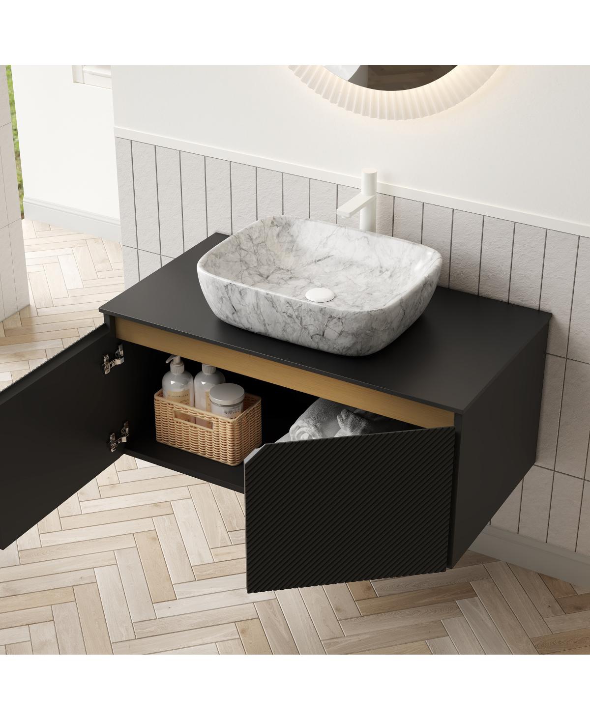 Sillysis Wall Mounted Bathroom Vanity with Sintered Stone Top, Volakas Marble Pattern Sink, Soft Close Doors