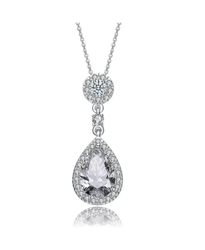 Genevive Modern White Gold Plated CZ Vintage Teardrop Pendant Necklace