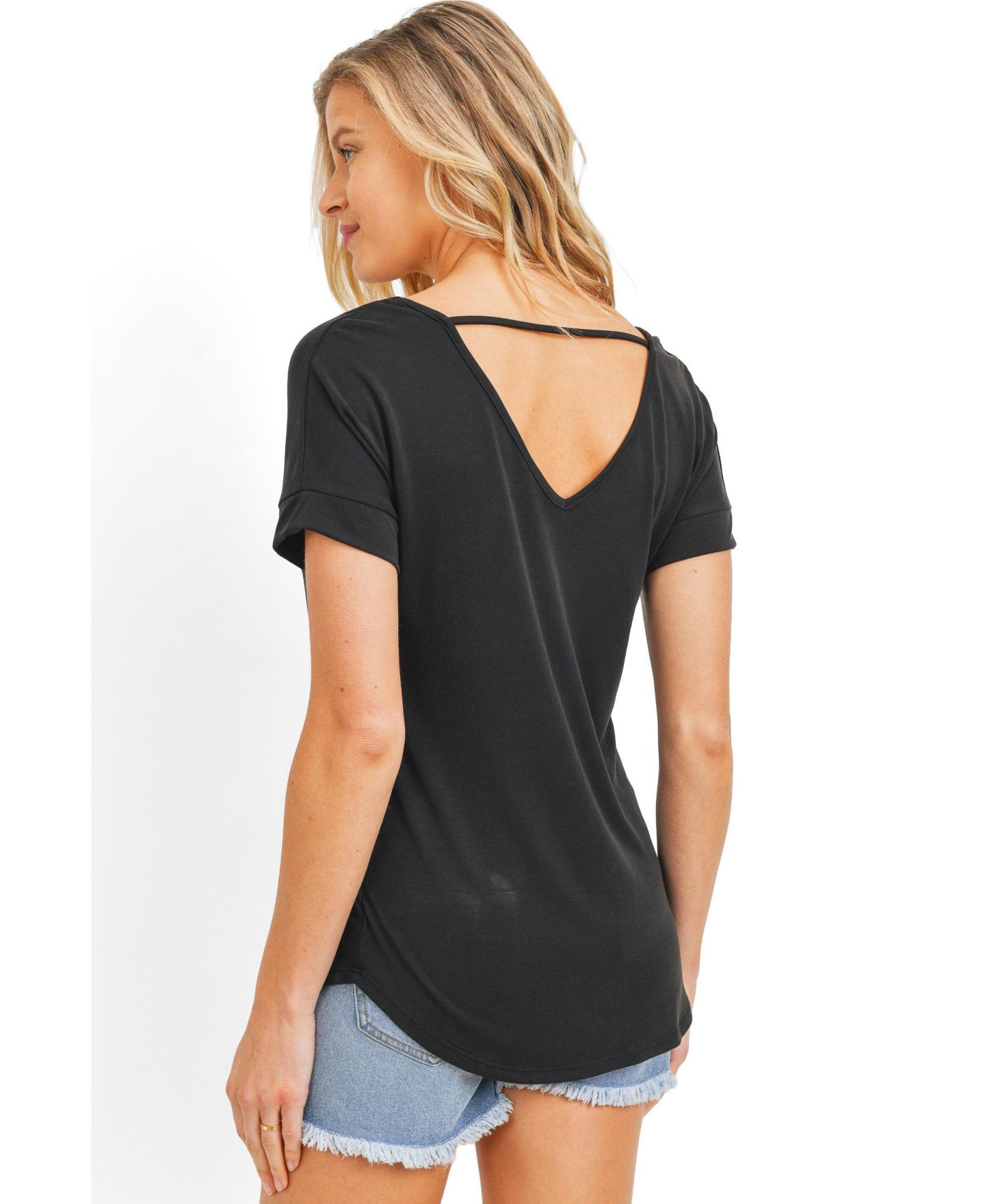 Женский топ Hello Miz Maternity Short Sleeve V Neck Top with Back Strap Detail, цвет: Чёрный — фото 3
