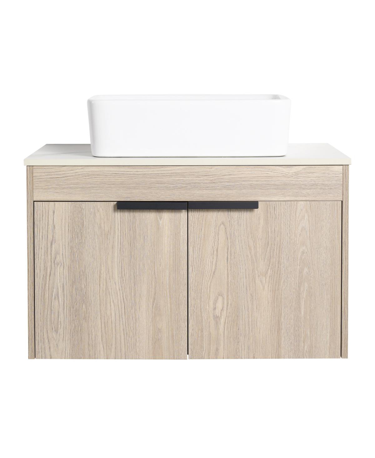 Sillysis Wall Mounted Bathroom Vanity with Ceramic Vessel Sink,Stone Top, Soft Close Doors, Modern Handle Design
