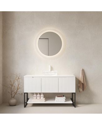 48 Inch Modern Bathroom Vanity with Glass Vessel Sink, Soft Close Doors, Sintered Stone Top, Large Open Shelf Storage