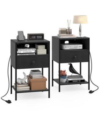 2 pieces Nightstand w/ Charging Station Bedside Table w/ USB Ports and Outlets