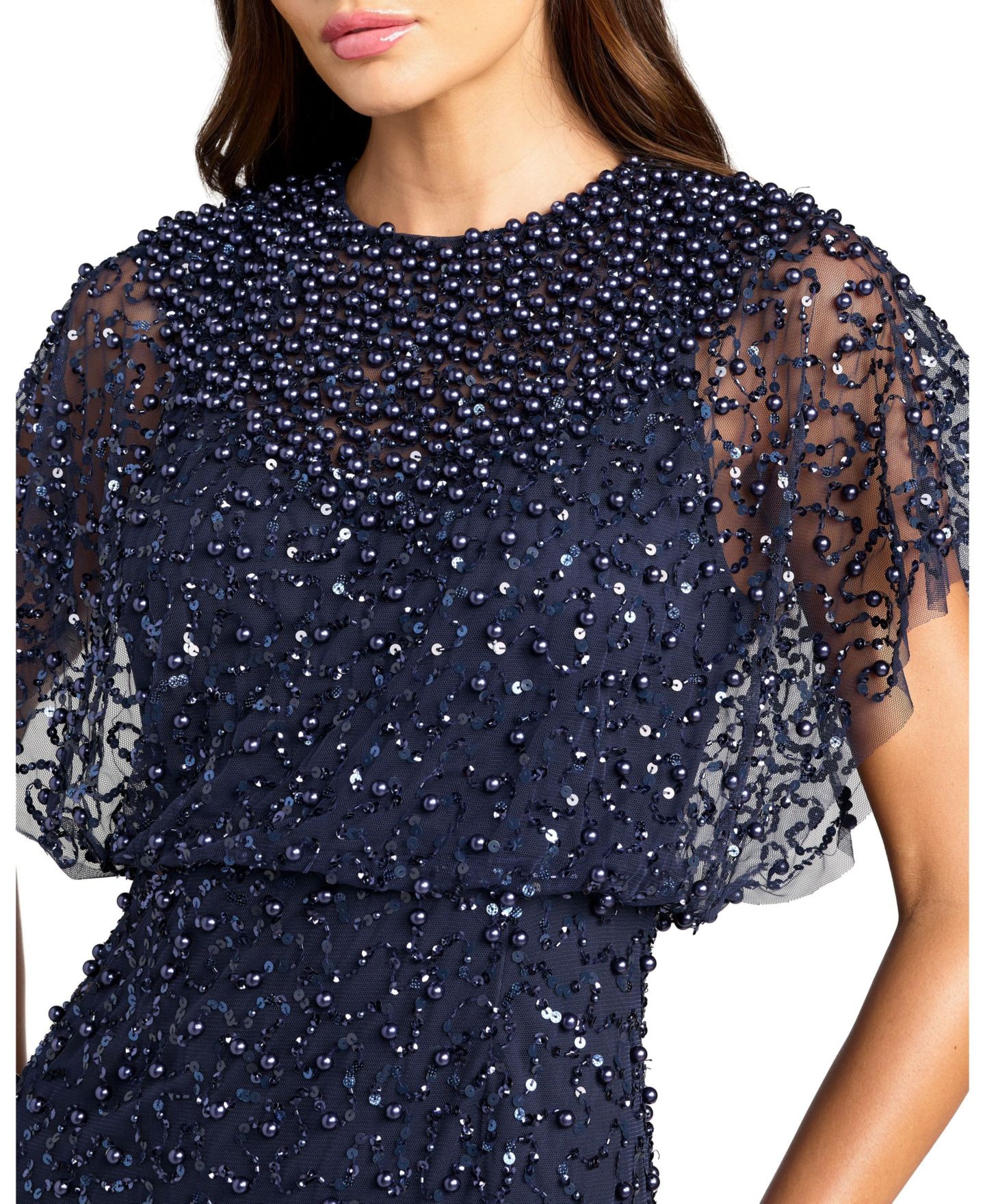 Женское платье Mac Duggal Petite High Neck Short Sleeve Embellished Gown, цвет: Тёмно-синий — фото 3