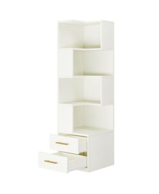 Corner Bookcase with 5 Tier Storage Shelves and 2 Drawers