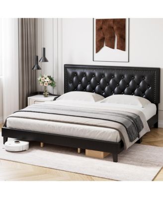 Modern Bed Frame with Leather Headboard, Exquisite Diamond and Rivet Detailing, Wood Slats Support, Easy Assembly, Noise-Free