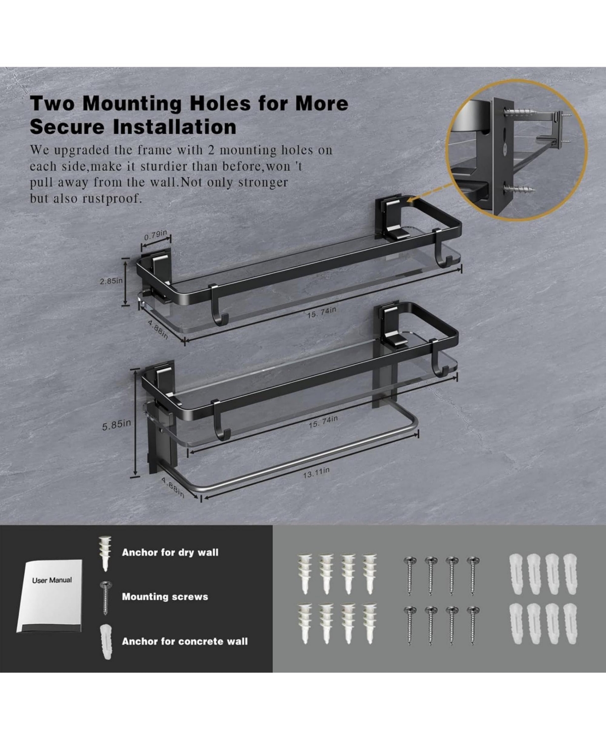 Phying 15.7 Inch 2 Tier Wall Mounted Tempered Glass Bathroom Shelf Multifunctional Bathroom Storage Organizer With Towel Bar For Bathroom