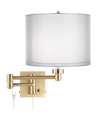 Alta Vintage Swing Arm Wall Lamp Warm Antique Brass Plug-in Light Fixture Double Sheer Drum Shade for Bedroom Bedside Home