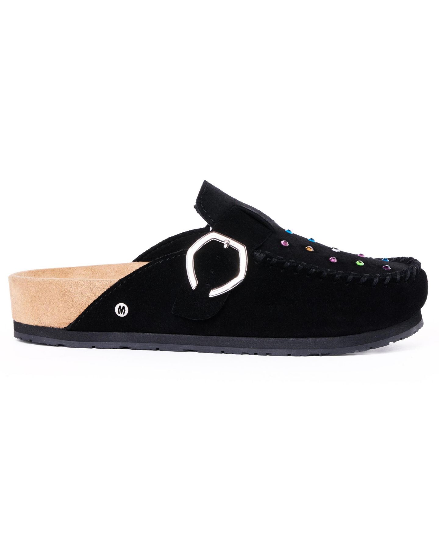 Женские сабо Minnetonka Rhinestone Suede Adjustable Buckle, цвет: Чёрный — фото 2