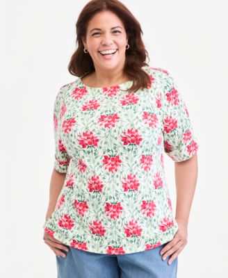 Plus Size Printed Boat-Neck  Elbow-Sleeve Top