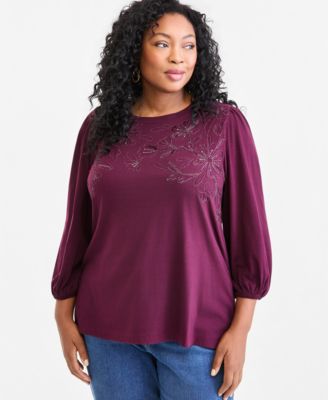 Plus Size 3/4-Sleeve Shine Embroidery Top