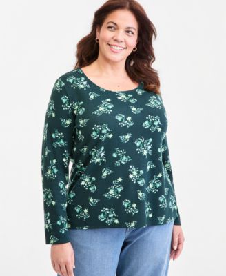 Plus Size Printed Scoop Neck Long-Sleeve Top