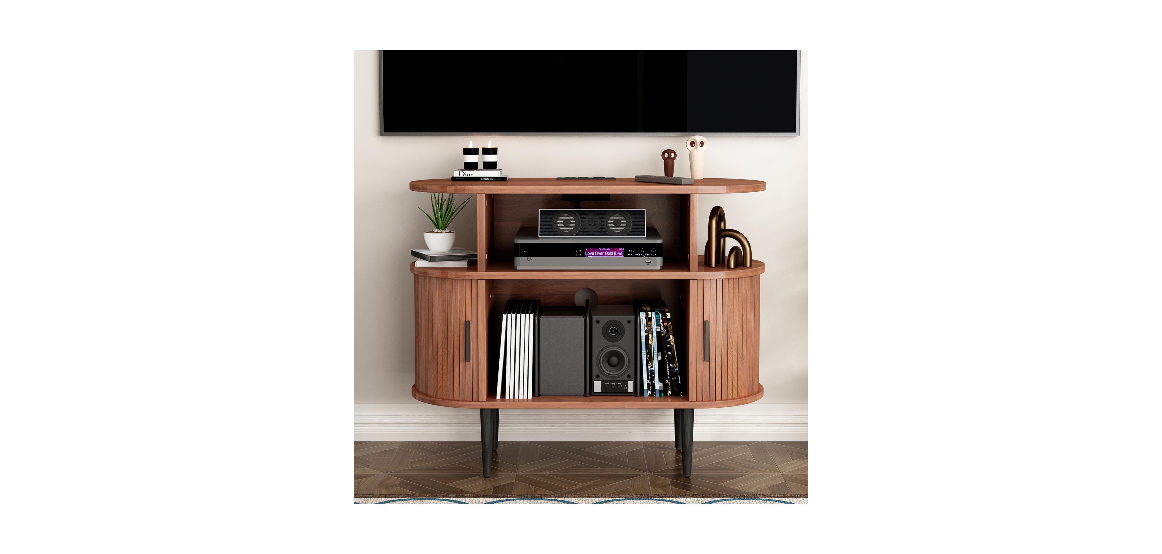 Rainsken Large Round Record Player Stand, Record Storage Cabinet, with Charging Station and Usb Ports, for Bedroom Living Room